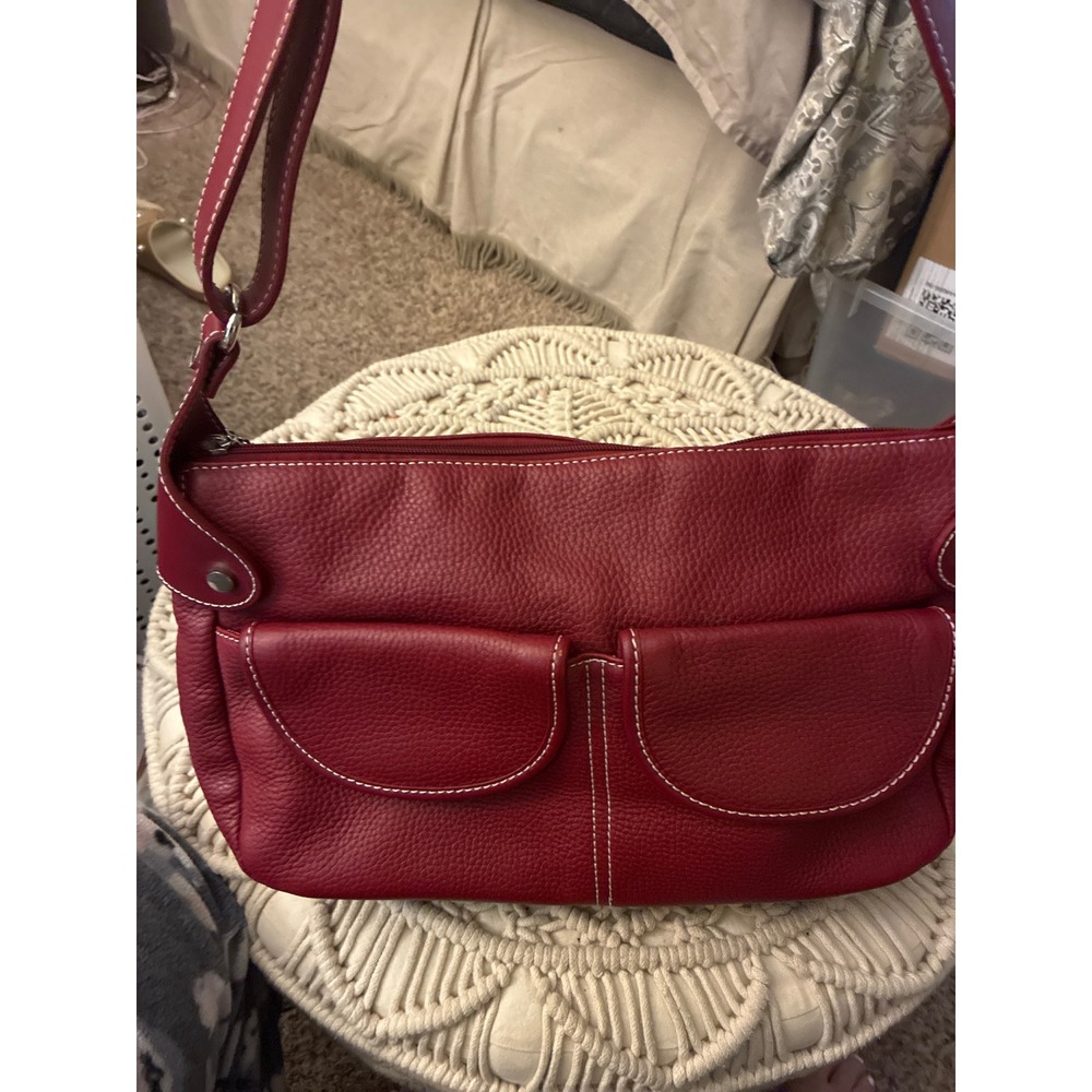 Maxx New York Red Pebbled Leather Shoulder Bag White Contrast Stitching Striped